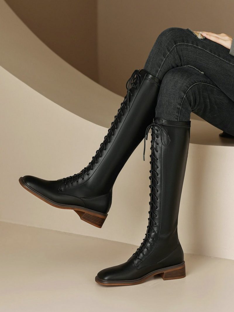 Vanessa's Women Knee High Boots Round Toe Med Heel Genuine Leather Lace-Up Boots - Image 5