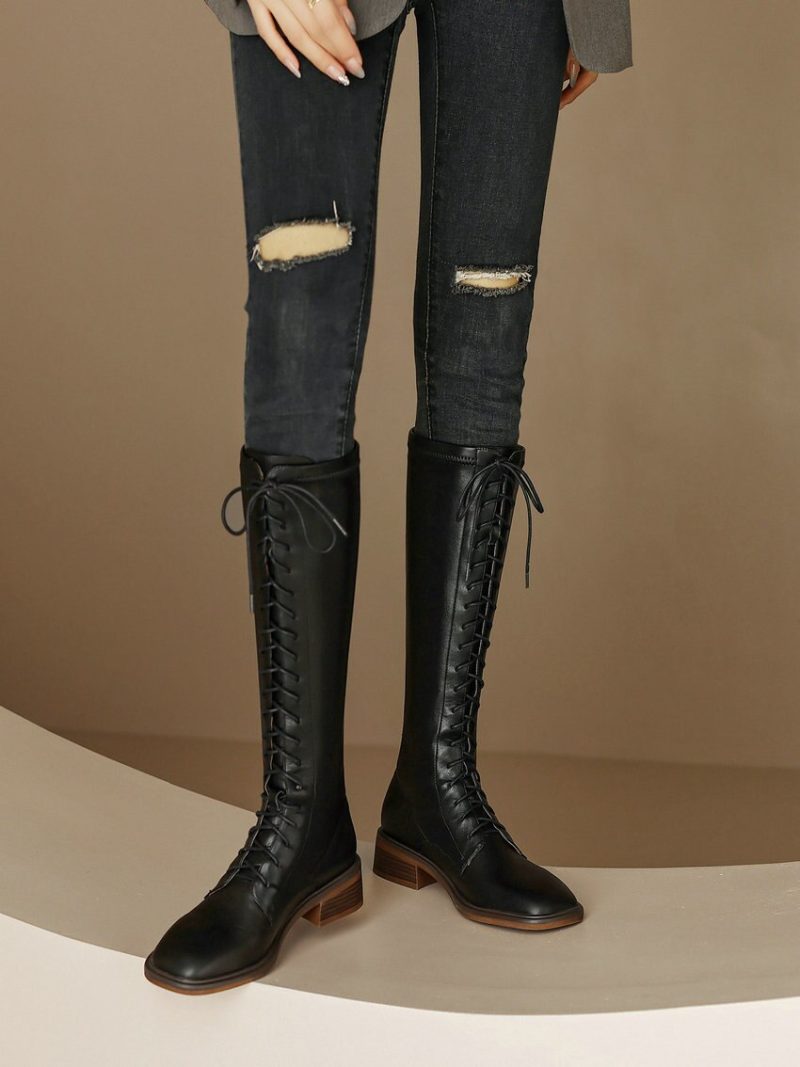 Vanessa's Women Knee High Boots Round Toe Med Heel Genuine Leather Lace-Up Boots - Image 6