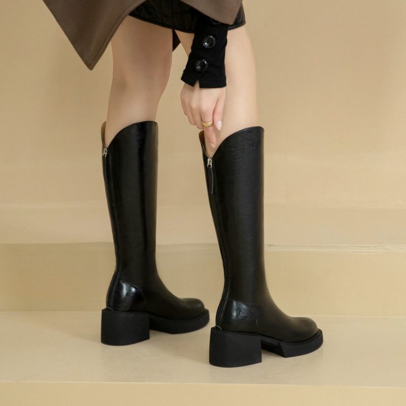 Vanessa's Women Knee High Boots Winter Designer Wool Warm Genuine Leather Motorcycle Boots - Image 3