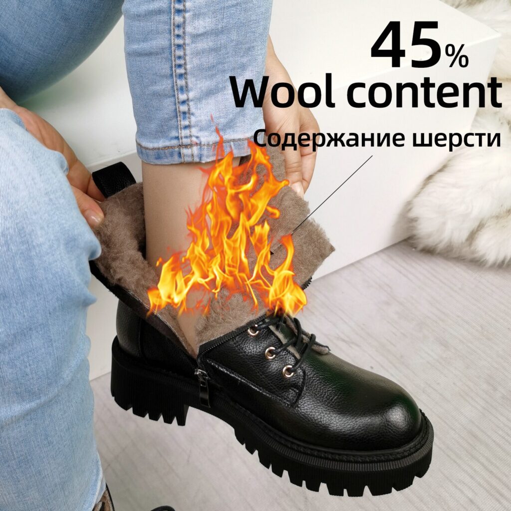 Vanessas Women Ankle Boots Wool Fur Platform Fashion Warm Mid Heel Motorcycle Boots - Image 2