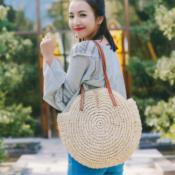 Round Straw Beach Bag Vintage Handmade Woven Shoulder Bag - Image 2