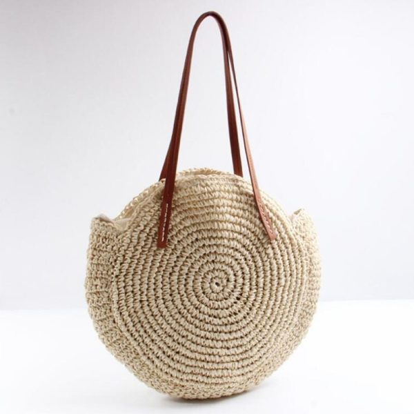 Round Straw Beach Bag Vintage Handmade Woven Shoulder Bag - Image 3