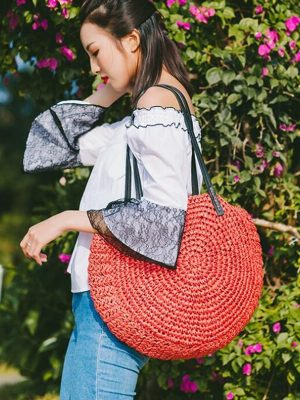 Round Straw Beach Bag Vintage Handmade Woven Shoulder Bag