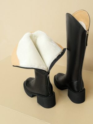 Vanessa’s Women Knee High Boots Winter Designer Wool Warm Genuine Leather Motorcycle Boots