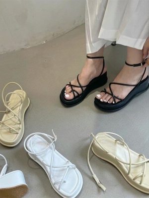 Sandals Women Summer Square Toe Ankle Strap Platform Wedges Ladies Shoes Casual Non-slip Sandals