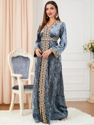 Women’s Floral Embroidered Velvet Abaya Dress with Long Sleeves and Belt for Party Wear