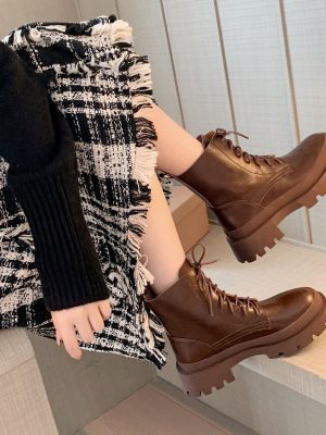 Vanessa’s Women Ankle Boots Winter Fashion Cross-Tied Genuine Leather Thick Heels Boots