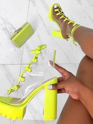 Vanessas Green PVC Platform Boots for Women – Strappy Chunky Heels Peep Toe Shoes