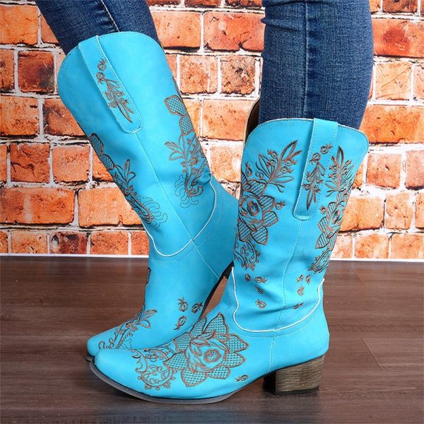 Women Knee High Boots Winter Autumn Pointed Toe Embroidery Mid Heels Boots - Image 6