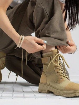 Women’s Breathable Canvas Ankle Boots with Thick Sole – Autumn Winter Flat Platform British Style Ankle Boots for Ladies