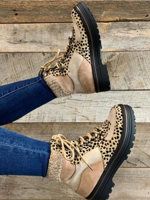 Women’s Ankle Boots Leopard Lace-up Thick Bottom Knitted Ladies Short Boots New Fashion Female Sneakers Shoes Autumn Winter