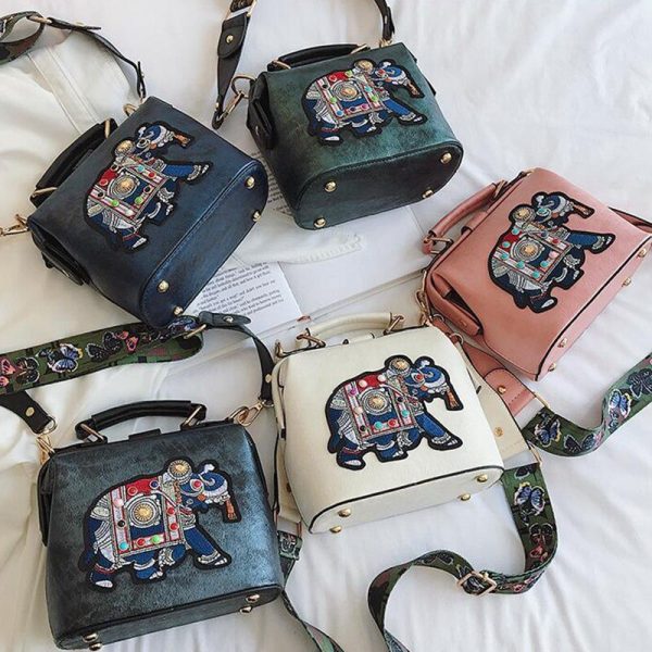 Women's Handbags Purses Vintage Embroidery Elephant Bag Wide Butterfly Strap PU Leather Women Shoulder Crossbody Bag - Image 2