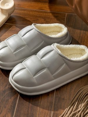 Winter Warm PU Leather Furry Slippers for Women & Men – Anti-Slip Couple Shoes with Flat Platform