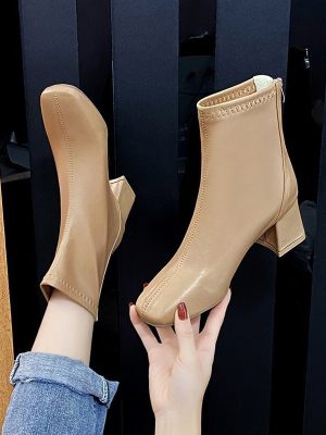 Women’s Elegant PU Leather Block Heel Ankle Boots with Square Toe and Waterproof Feature