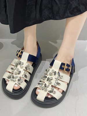 Women’s Sandals Rhinestone Flat Canvas Ladies Shoes Buckle Strap Non-slip Sandals