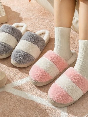 Women’s Slippers Flat Waterproof Platform Mixed-color Furry Warm Lady Cotton Slippers