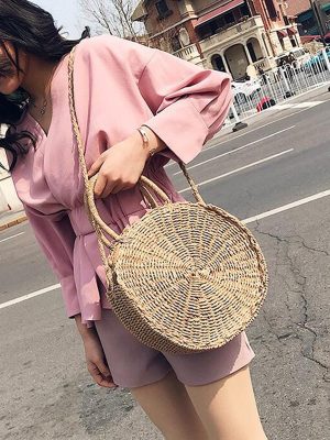 Woven Straw Round Handbag Retro Rattan Women Shoulder Bag Boho Summer Beach Messenger Bag