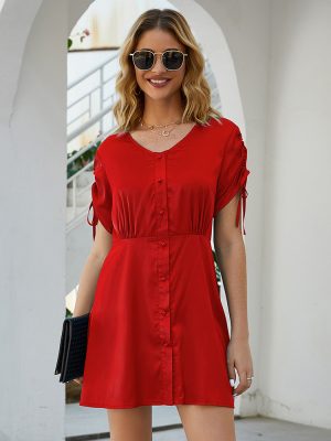 Spring Casual Solid Color round Neck Button Short Sleeve Dress