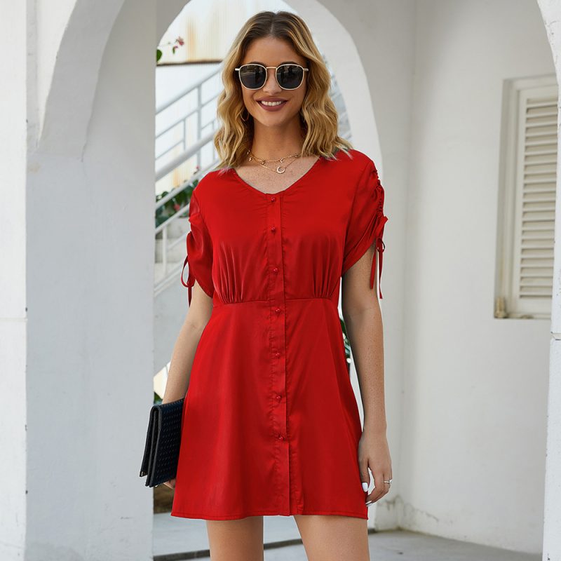 Spring Casual Solid Color round Neck Button Short Sleeve Dress