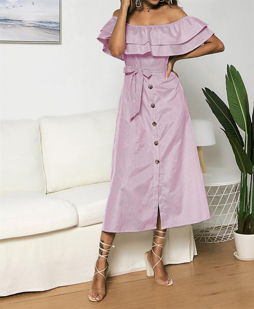 Spring Summer off-Shoulder Ruffled Striped Button Dress - Image 4