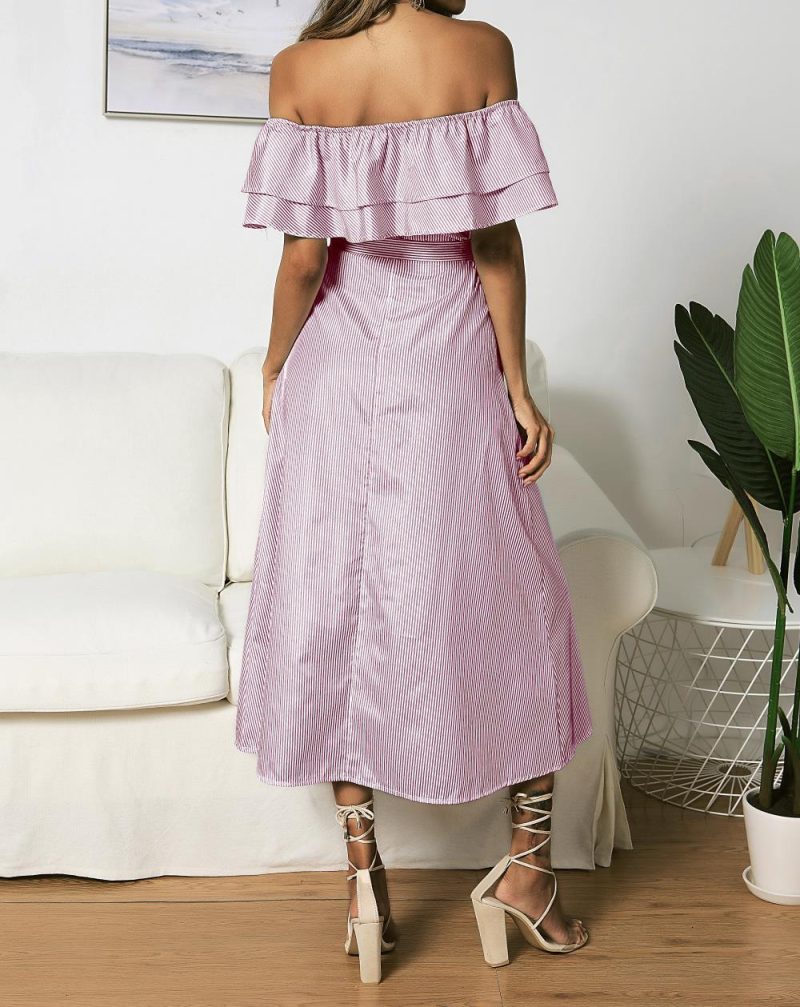 Spring Summer off-Shoulder Ruffled Striped Button Dress - Image 5