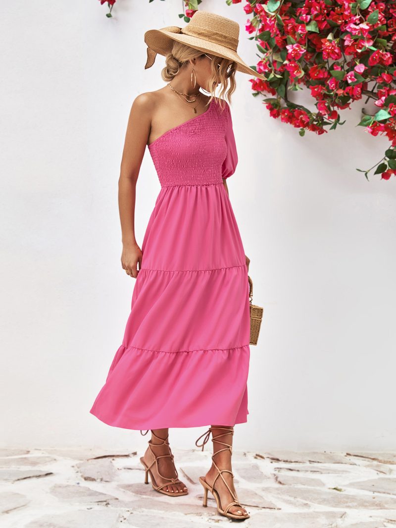 Popular Oblique Shoulder Puff Sleeve Smocking Dress - Image 2