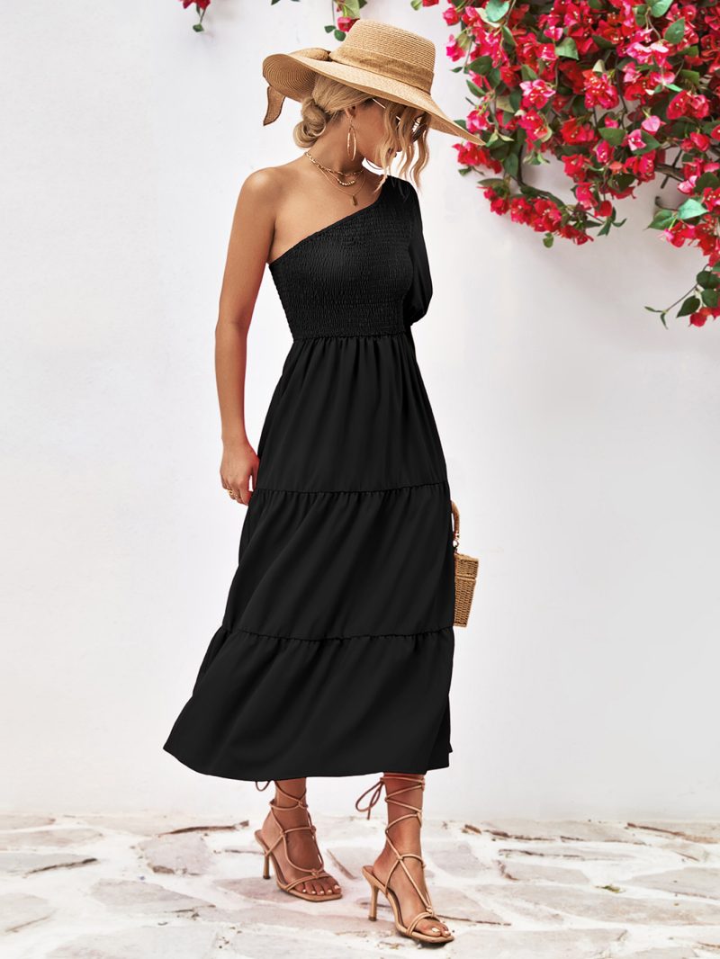 Popular Oblique Shoulder Puff Sleeve Smocking Dress - Image 3