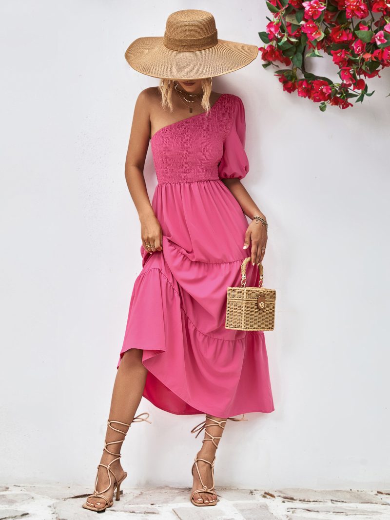 Popular Oblique Shoulder Puff Sleeve Smocking Dress - Image 5