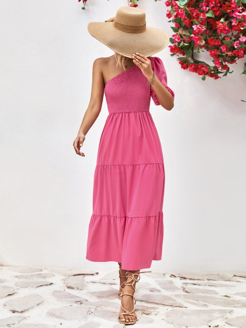 Popular Oblique Shoulder Puff Sleeve Smocking Dress - Image 7