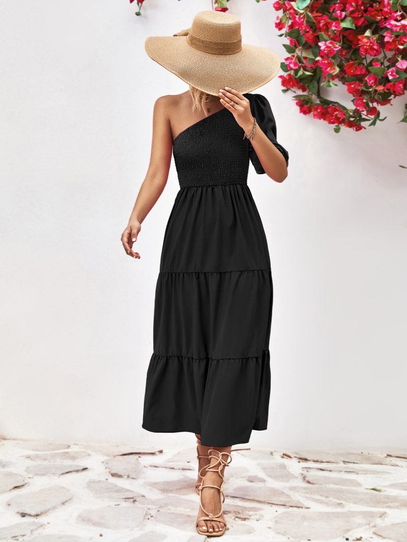 Popular Oblique Shoulder Puff Sleeve Smocking Dress - Image 9