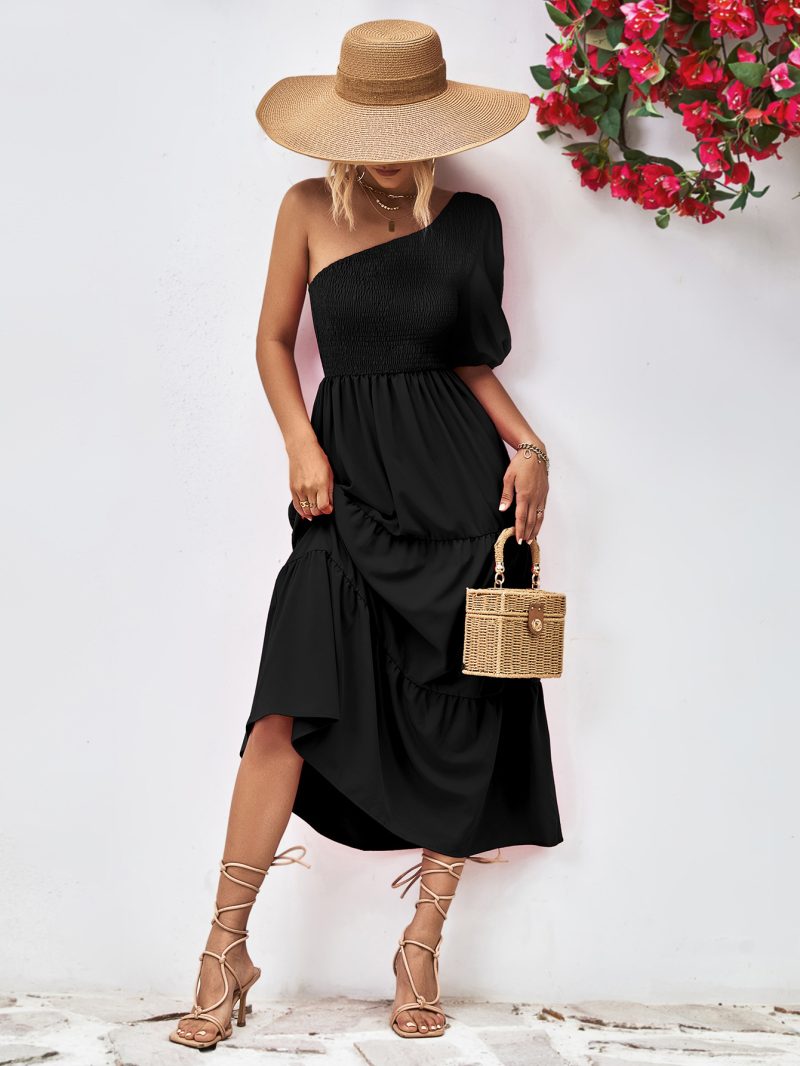Popular Oblique Shoulder Puff Sleeve Smocking Dress - Image 12