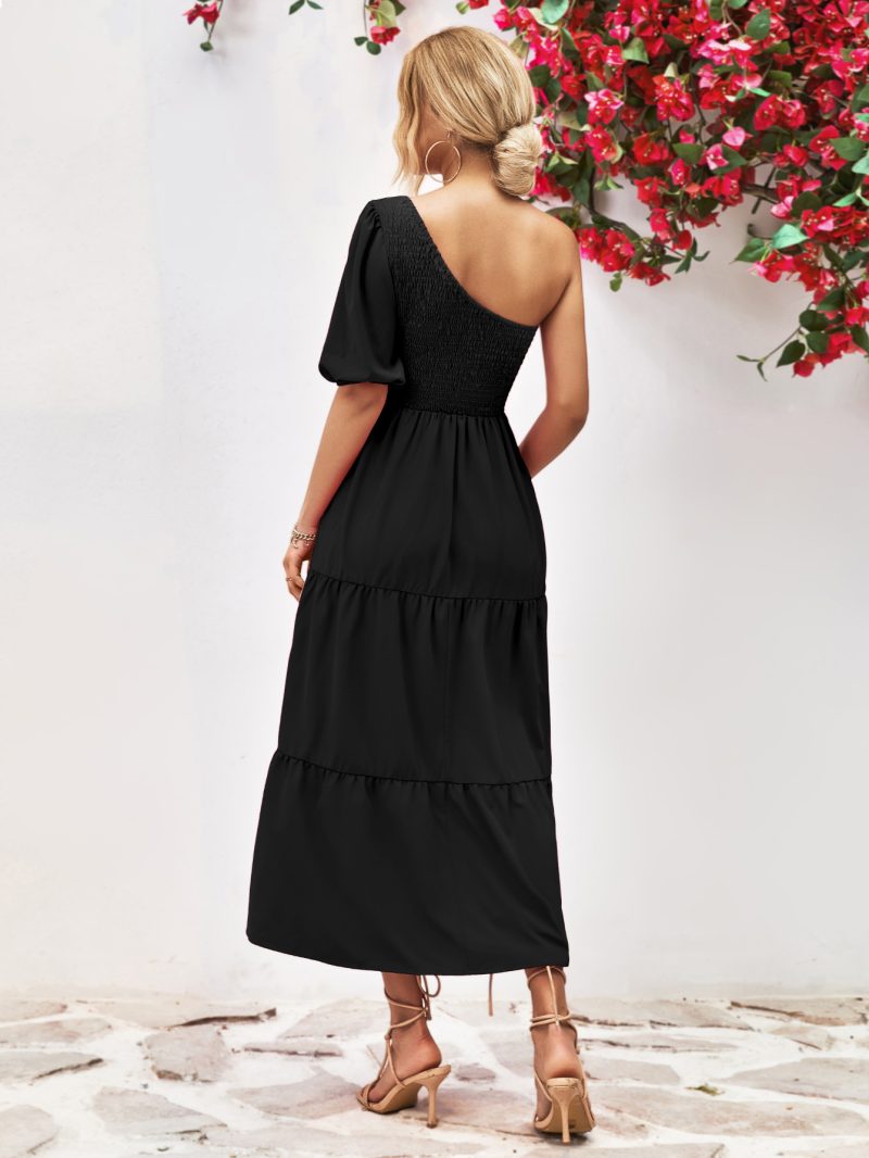 Popular Oblique Shoulder Puff Sleeve Smocking Dress - Image 13