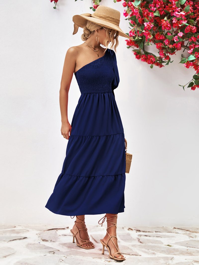 Popular Oblique Shoulder Puff Sleeve Smocking Dress - Image 15