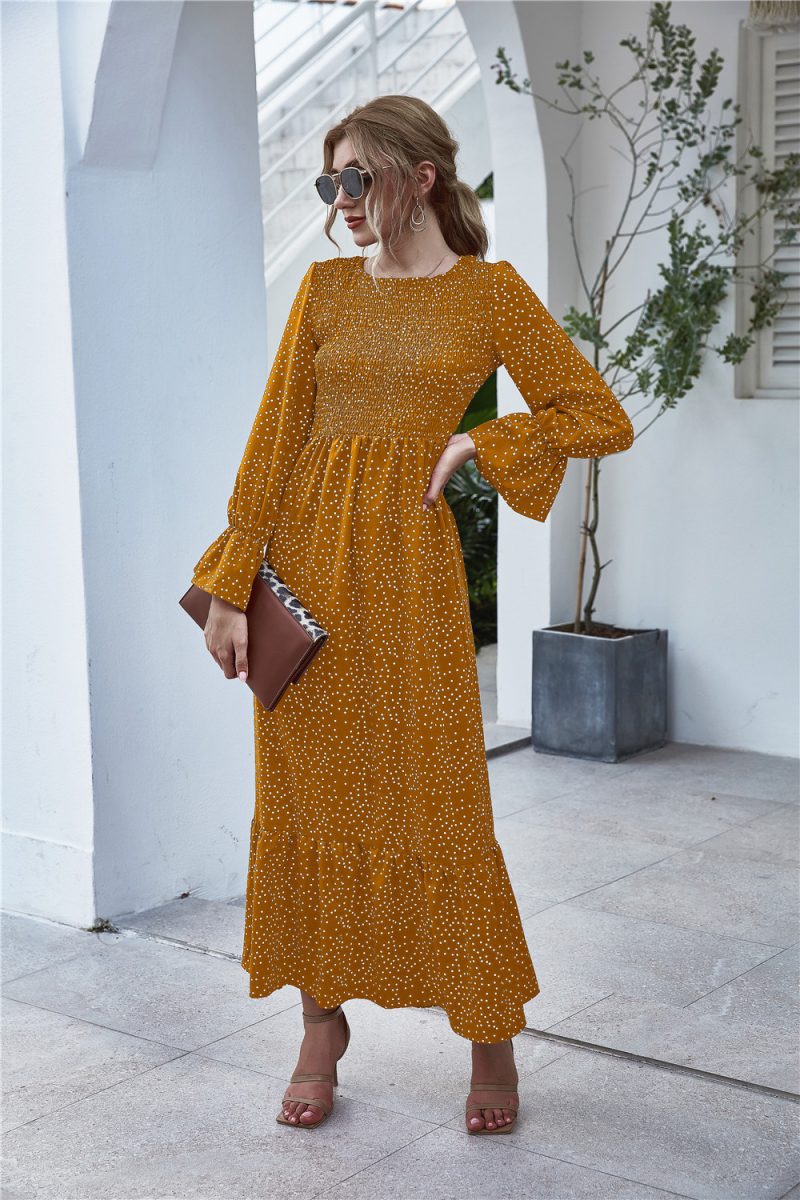 Women Clothing Autumn  Printed Polka Dot Smocking Long Sleeve Dress Long - Image 4