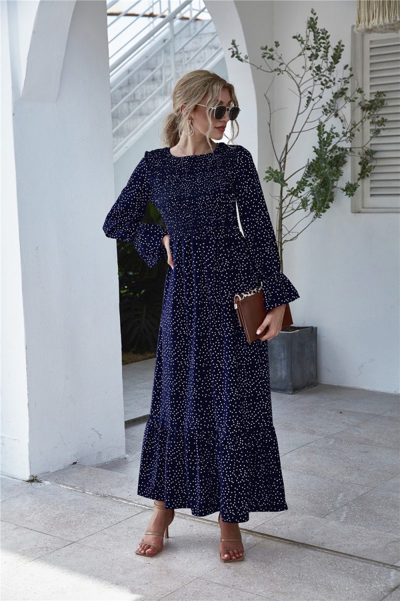 Women Clothing Autumn  Printed Polka Dot Smocking Long Sleeve Dress Long - Image 3