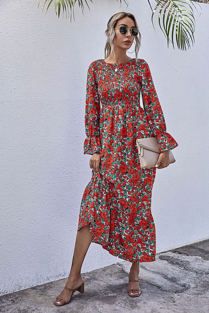 Women Clothing Autumn  Printed Polka Dot Smocking Long Sleeve Dress Long - Image 2