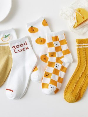 Fashionable Yellow and Orange Checkerboard Socks, Twisted Tube Socks for Women