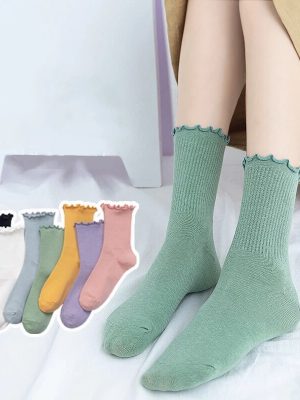 5 Pairs Women’s Happy Ruffle Frilly Cotton Socks Cute Trendy Solid Color