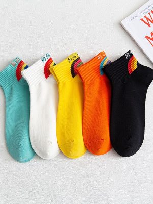 5 Pairs Women’s Rainbow Striped Short Socks Funny Harajuku Cotton Socks