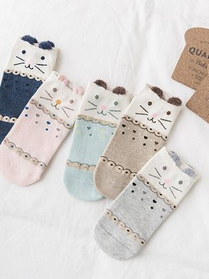 Ladies Cotton Cute Three-Dimensional Cat Pink Socks – 5 Pairs Pack