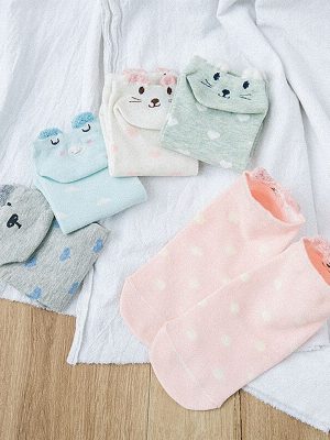 Ladies Cotton Socks Non-slip Pink Cute Three-Dimensional Cat Invisible socks – 5 Pairs Pack