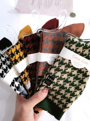 Vanessa’s Houndstooth Cotton High Tube Socks for Women 5 Pairs- Winter Collection