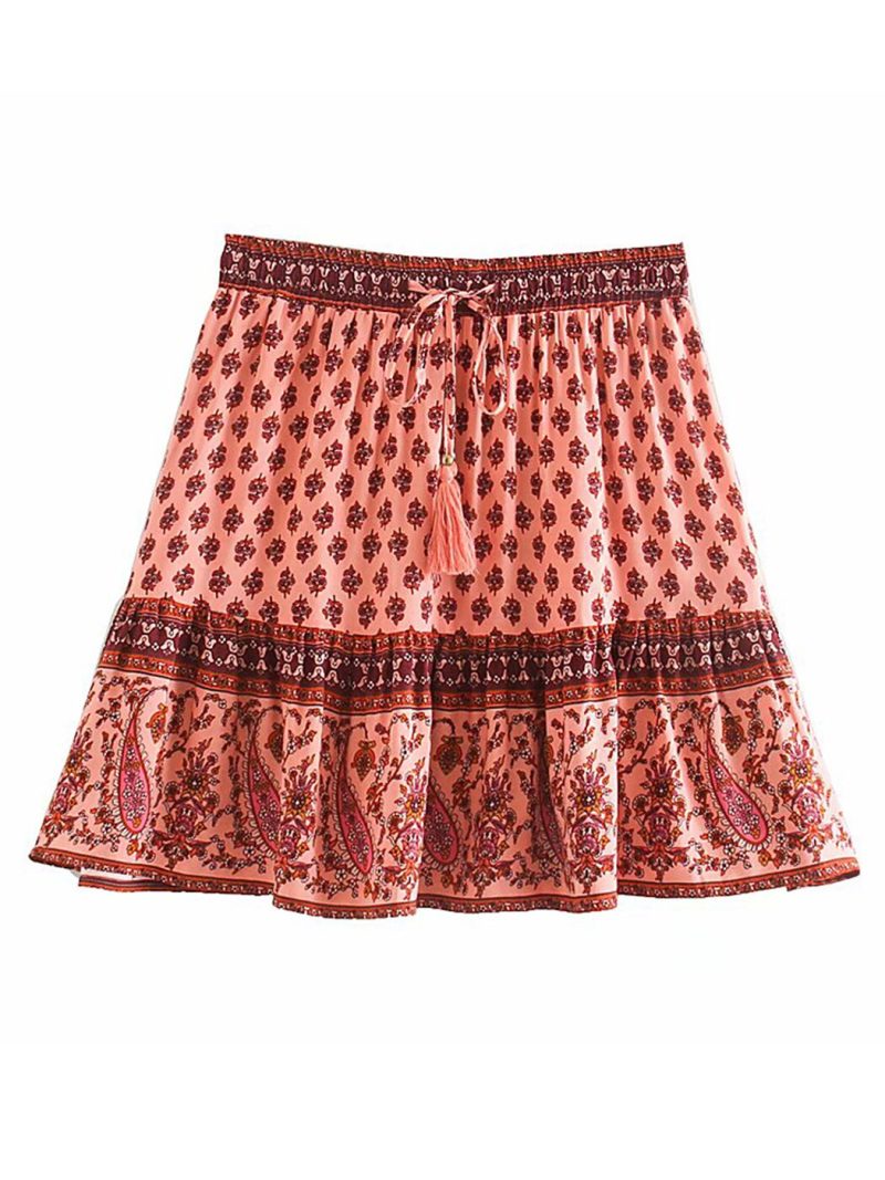 Hippie Floral Printed Mini Skirts Vintage Elastic Tassel Faldas Summer 2022 Beach Boho Casual Clothes Short Women Skirts - Image 3