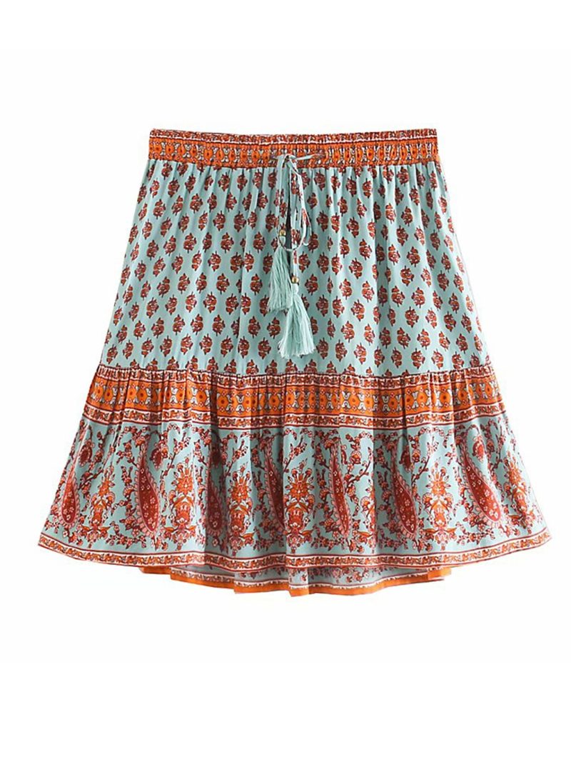 Hippie Floral Printed Mini Skirts Vintage Elastic Tassel Faldas Summer 2022 Beach Boho Casual Clothes Short Women Skirts - Image 6