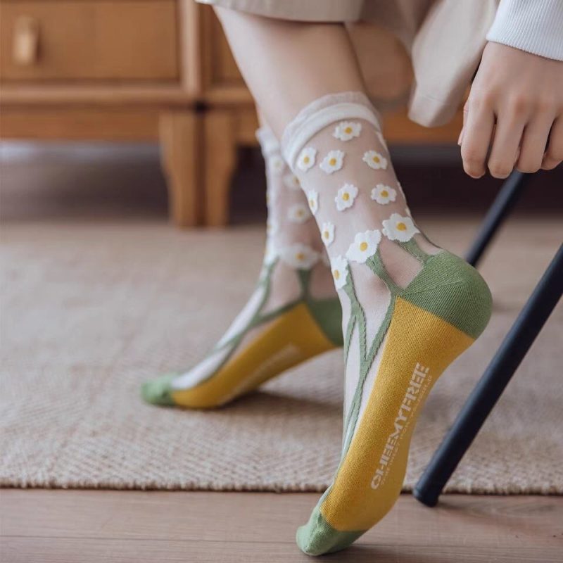 Silk Little Daisy Korea Japanese Fashion Crystal Clear Silk Socks - Image 6