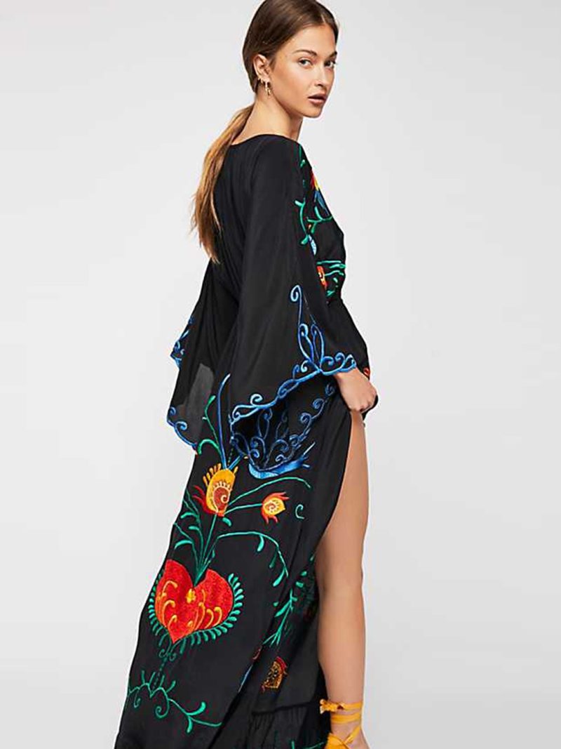 Spring Autumn Women Loose Casual Kimono Floral embroidered Maxi Dress Boho Ruffle Hem Beach Dresses - Image 2