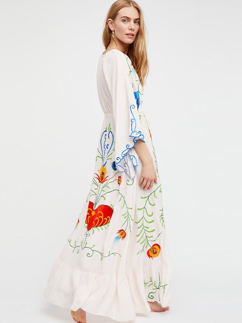 Spring Autumn Women Loose Casual Kimono Floral embroidered Maxi Dress Boho Ruffle Hem Beach Dresses - Image 4