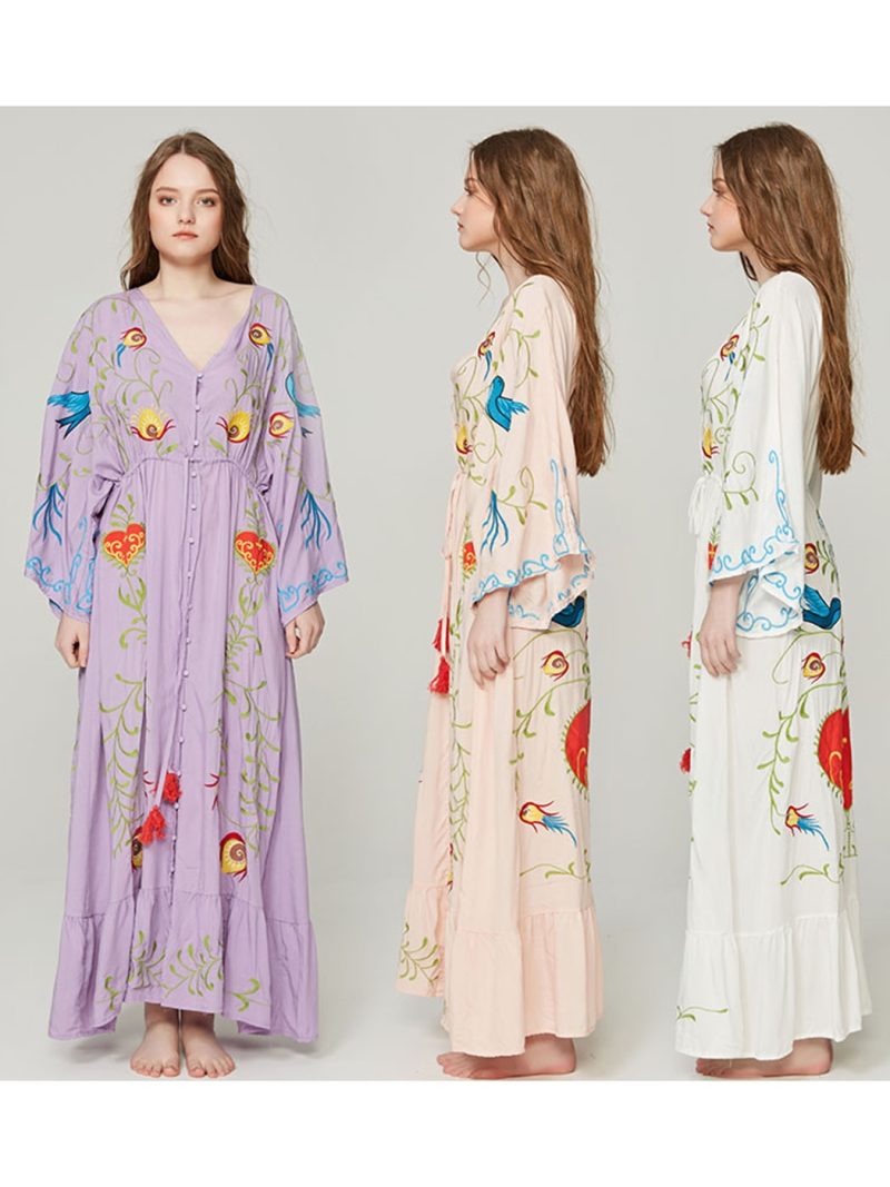 Spring Autumn Women Loose Casual Kimono Floral embroidered Maxi Dress Boho Ruffle Hem Beach Dresses - Image 5