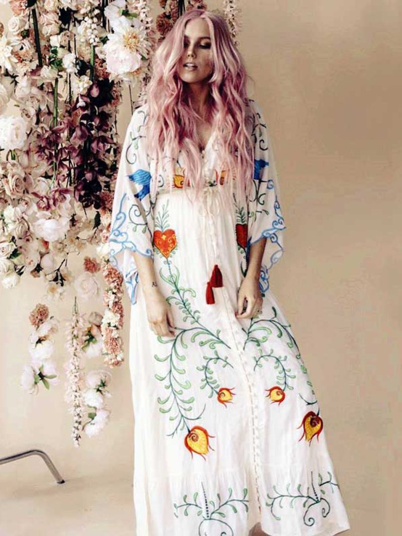 Spring Autumn Women Loose Casual Kimono Floral embroidered Maxi Dress Boho Ruffle Hem Beach Dresses - Image 6
