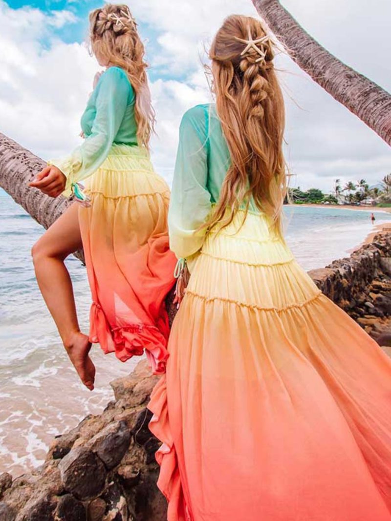 Chic Rainbow High Low Dress Women V-Neck Tiered Ruffle Trim Summer Dresses Casual Beach Boho Dress Chiffon Long Vestidos - Image 2